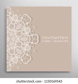 Invitation or Card template with lacy border pattern, cutout paper, mandala frame element. Decorative openwork filigree art, lace background for Wedding, Valentine's day greeting cards, Birthday Invit