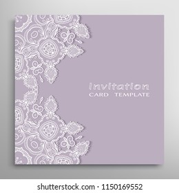 Invitation or Card template with lacy border pattern, cutout paper, mandala frame element. Decorative openwork filigree art, lace background for Wedding, Valentine's day greeting cards, Birthday Invit