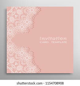 Invitation or Card template with lacy border pattern, cutout paper, mandala frame element. Decorative openwork filigree art, lace background for Wedding, Valentine's day greeting cards, Birthday Invit
