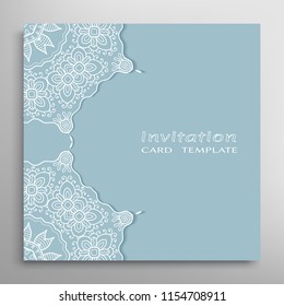 Invitation or Card template with lacy border pattern, cutout paper, mandala frame element. Decorative openwork filigree art, lace background for Wedding, Valentine's day greeting cards, Birthday Invit