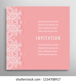 Invitation or Card template with lacy border pattern, cutout paper, mandala frame element. Decorative openwork filigree art, lace background for Wedding, Valentine's day greeting cards, Birthday Invit