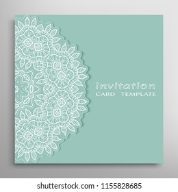 Invitation or Card template with lacy border pattern, cutout paper, mandala frame element. Decorative openwork filigree art, lace background for Wedding, Valentine's day greeting cards, Birthday Invit