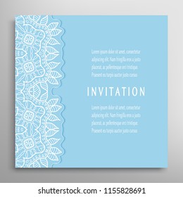 Invitation or Card template with lacy border pattern, cutout paper, mandala frame element. Decorative openwork filigree art, lace background for Wedding, Valentine's day greeting cards, Birthday Invit