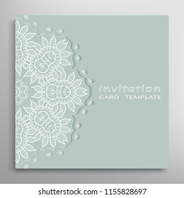Invitation or Card template with lacy border pattern, cutout paper, mandala frame element. Decorative openwork filigree art, lace background for Wedding, Valentine's day greeting cards, Birthday Invit