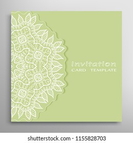Invitation or Card template with lacy border pattern, cutout paper, mandala frame element. Decorative openwork filigree art, lace background for Wedding, Valentine's day greeting cards, Birthday Invit
