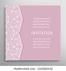Invitation or Card template with lacy border pattern, cutout paper, mandala frame element. Decorative openwork filigree art, lace background for Wedding, Valentine's day greeting cards, Birthday Invit