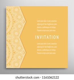 Invitation or Card template with lacy border pattern, cutout paper, mandala frame element. Decorative openwork filigree art, lace background for Wedding, Valentine's day greeting cards, Birthday Invit