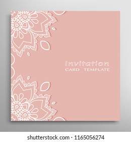 Invitation or Card template with lacy border pattern, cutout paper, mandala frame element. Decorative openwork filigree art, lace background for Wedding, Valentine's day greeting cards, Birthday Invit
