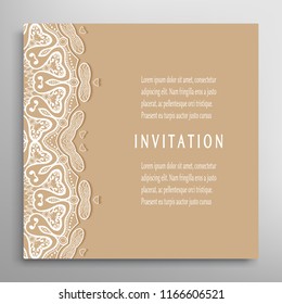 Invitation or Card template with lacy border pattern, cutout paper, mandala frame element. Decorative openwork filigree art, lace background for Wedding, Valentine's day greeting cards, Birthday Invit