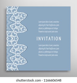 Invitation or Card template with lacy border pattern, cutout paper, mandala frame element. Decorative openwork filigree art, lace background for Wedding, Valentine's day greeting cards, Birthday Invit
