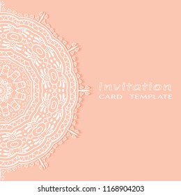 Invitation or Card template with lacy border pattern, cutout paper, mandala frame element. Decorative openwork filigree art, lace background for Wedding, Valentine's day greeting cards, Birthday Invit