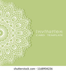 Invitation or Card template with lacy border pattern, cutout paper, mandala frame element. Decorative openwork filigree art, lace background for Wedding, Valentine's day greeting cards, Birthday Invit