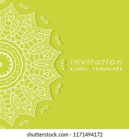 Invitation or Card template with lacy border pattern, cutout paper, mandala frame element. Decorative openwork filigree art, lace background for Wedding, Valentine's day greeting cards, Birthday Invit
