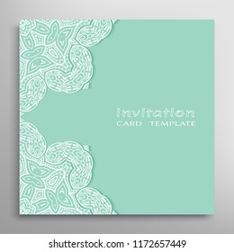 Invitation or Card template with lacy border pattern, cutout paper, mandala frame element. Decorative openwork filigree art, lace background for Wedding, Valentine's day greeting cards, Birthday Invit