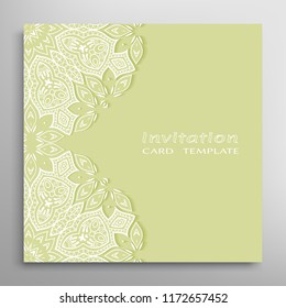 Invitation or Card template with lacy border pattern, cutout paper, mandala frame element. Decorative openwork filigree art, lace background for Wedding, Valentine's day greeting cards, Birthday Invit