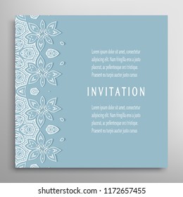 Invitation or Card template with lacy border pattern, cutout paper, mandala frame element. Decorative openwork filigree art, lace background for Wedding, Valentine's day greeting cards, Birthday Invit