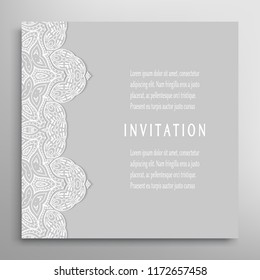 Invitation or Card template with lacy border pattern, cutout paper, mandala frame element. Decorative openwork filigree art, lace background for Wedding, Valentine's day greeting cards, Birthday Invit