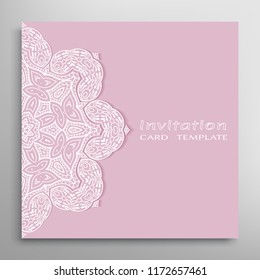 Invitation or Card template with lacy border pattern, cutout paper, mandala frame element. Decorative openwork filigree art, lace background for Wedding, Valentine's day greeting cards, Birthday Invit