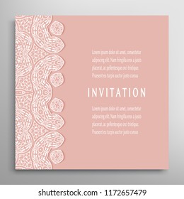 Invitation or Card template with lacy border pattern, cutout paper, mandala frame element. Decorative openwork filigree art, lace background for Wedding, Valentine's day greeting cards, Birthday Invit