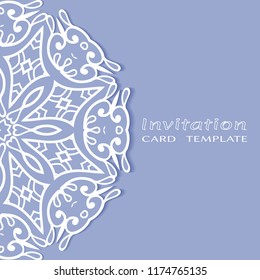 Invitation or Card template with lacy border pattern, cutout paper, mandala frame element. Decorative openwork filigree art, lace background for Wedding, Valentine's day greeting cards, Birthday Invit