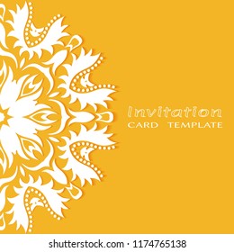 Invitation or Card template with lacy border pattern, cutout paper, mandala frame element. Decorative openwork filigree art, lace background for Wedding, Valentine's day greeting cards, Birthday Invit