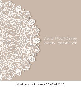 Invitation or Card template with lacy border pattern, cutout paper, mandala frame element. Decorative openwork filigree art, lace background for Wedding, Valentine's day greeting cards, Birthday Invit
