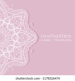 Invitation or Card template with lacy border pattern, cutout paper, mandala frame element. Decorative openwork filigree art, lace background for Wedding, Valentine's day greeting cards, Birthday Invit
