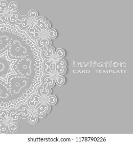 Invitation or Card template with lacy border pattern, cutout paper, mandala frame element. Decorative openwork filigree art, lace background for Wedding, Valentine's day greeting cards, Birthday Invit