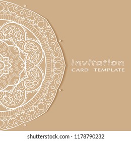 Invitation or Card template with lacy border pattern, cutout paper, mandala frame element. Decorative openwork filigree art, lace background for Wedding, Valentine's day greeting cards, Birthday Invit