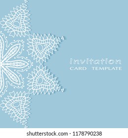 Invitation or Card template with lacy border pattern, cutout paper, mandala frame element. Decorative openwork filigree art, lace background for Wedding, Valentine's day greeting cards, Birthday Invit