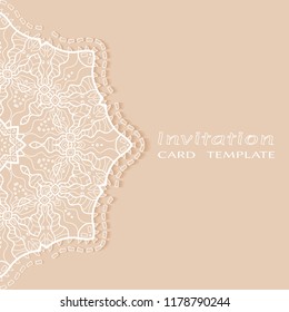 Invitation or Card template with lacy border pattern, cutout paper, mandala frame element. Decorative openwork filigree art, lace background for Wedding, Valentine's day greeting cards, Birthday Invit