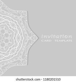 Invitation or Card template with lacy border pattern, cutout paper, mandala frame element. Decorative openwork filigree art, lace background for Wedding, Valentine's day greeting cards, Birthday Invit