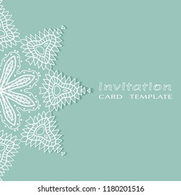 Invitation or Card template with lacy border pattern, cutout paper, mandala frame element. Decorative openwork filigree art, lace background for Wedding, Valentine's day greeting cards, Birthday Invit