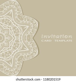 Invitation or Card template with lacy border pattern, cutout paper, mandala frame element. Decorative openwork filigree art, lace background for Wedding, Valentine's day greeting cards, Birthday Invit