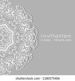 Invitation or Card template with lacy border pattern, cutout paper, mandala frame element. Decorative openwork filigree art, lace background for Wedding, Valentine's day greeting cards, Birthday Invit