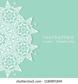 Invitation or Card template with lacy border pattern, cutout paper, mandala frame element. Decorative openwork filigree art, lace background for Wedding, Valentine's day greeting cards, Birthday Invit