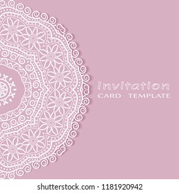 Invitation or Card template with lacy border pattern, cutout paper, mandala frame element. Decorative openwork filigree art, lace background for Wedding, Valentine's day greeting cards, Birthday Invit