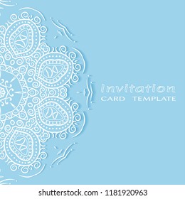 Invitation or Card template with lacy border pattern, cutout paper, mandala frame element. Decorative openwork filigree art, lace background for Wedding, Valentine's day greeting cards, Birthday Invit