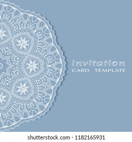 Invitation or Card template with lacy border pattern, cutout paper, mandala frame element. Decorative openwork filigree art, lace background for Wedding, Valentine's day greeting cards, Birthday Invit