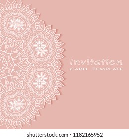 Invitation or Card template with lacy border pattern, cutout paper, mandala frame element. Decorative openwork filigree art, lace background for Wedding, Valentine's day greeting cards, Birthday Invit