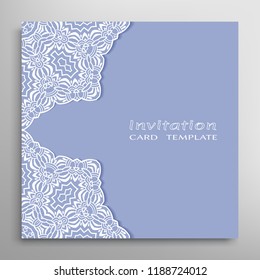 Invitation or Card template with lacy border pattern, cutout paper, mandala frame element. Decorative openwork filigree art, lace background for Wedding, Valentine's day greeting cards, Birthday Invit