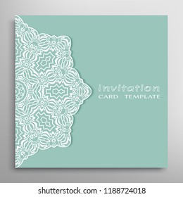 Invitation or Card template with lacy border pattern, cutout paper, mandala frame element. Decorative openwork filigree art, lace background for Wedding, Valentine's day greeting cards, Birthday Invit