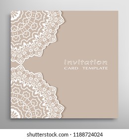 Invitation or Card template with lacy border pattern, cutout paper, mandala frame element. Decorative openwork filigree art, lace background for Wedding, Valentine's day greeting cards, Birthday Invit