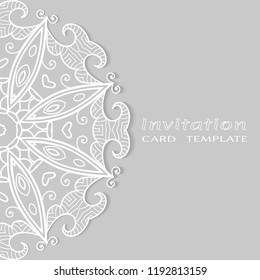 Invitation or Card template with lacy border pattern, cutout paper, mandala frame element. Decorative openwork filigree art, lace background for Wedding, Valentine's day greeting cards, Birthday Invit