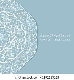 Invitation or Card template with lacy border pattern, cutout paper, mandala frame element. Decorative openwork filigree art, lace background for Wedding, Valentine's day greeting cards, Birthday Invit