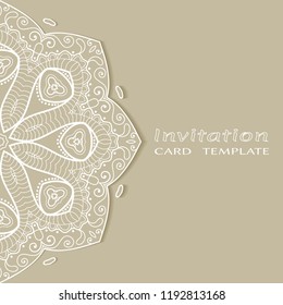 Invitation or Card template with lacy border pattern, cutout paper, mandala frame element. Decorative openwork filigree art, lace background for Wedding, Valentine's day greeting cards, Birthday Invit