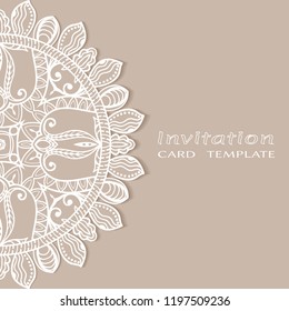 Invitation or Card template with lacy border pattern, cutout paper, mandala frame element. Decorative openwork filigree art, lace background for Wedding, Valentine's day greeting cards, Birthday Invit