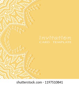 Invitation or Card template with lacy border pattern, cutout paper, mandala frame element. Decorative openwork filigree art, lace background for Wedding, Valentine's day greeting cards, Birthday Invit