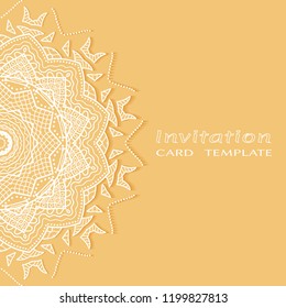 Invitation or Card template with lacy border pattern, cutout paper, mandala frame element. Decorative openwork filigree art, lace background for Wedding, Valentine's day greeting cards, Birthday Invit