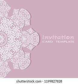 Invitation or Card template with lacy border pattern, cutout paper, mandala frame element. Decorative openwork filigree art, lace background for Wedding, Valentine's day greeting cards, Birthday Invit
